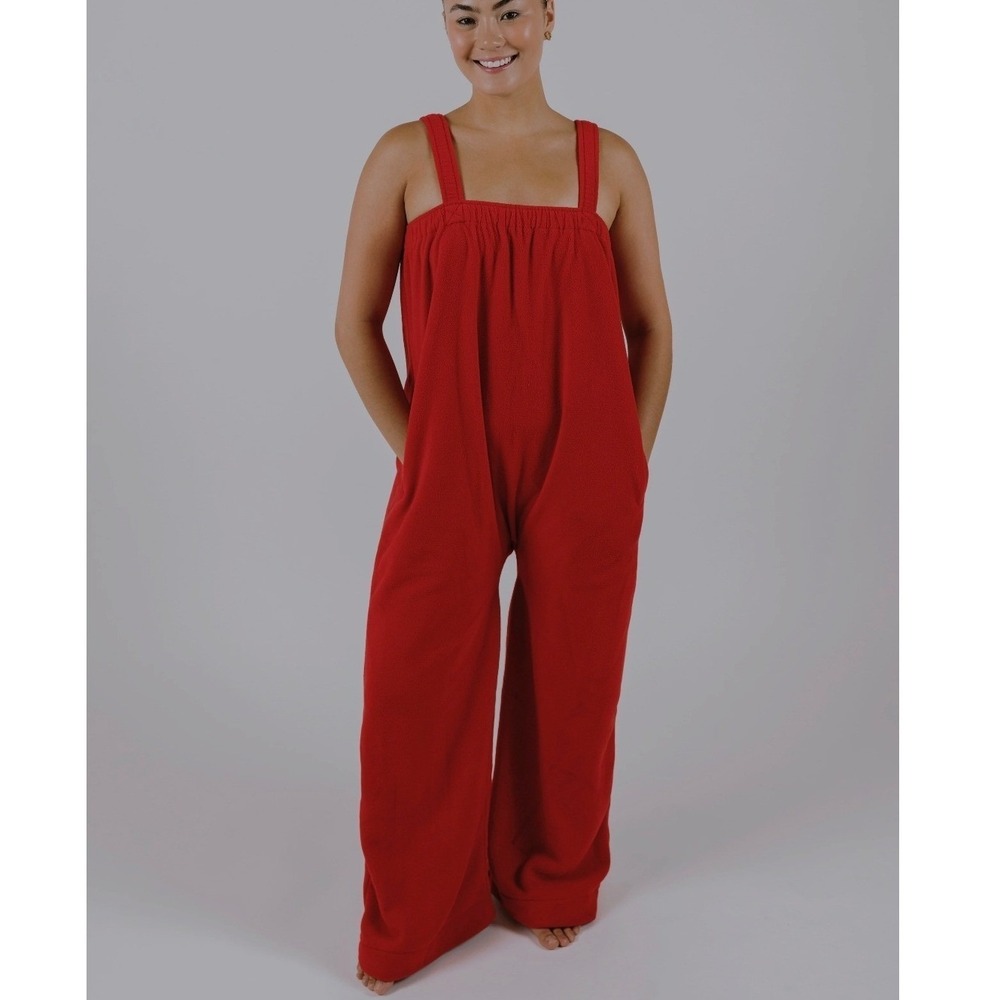 Ready Freddie Red Fleece Wide Leg Jumpsuit Sleeveless One Piece Loungewear